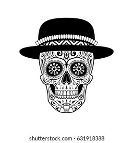 Graphic illustration of sugar skull in hat. Black and white.