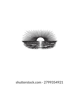 Graphic illustration of sun rising over ocean horizon with sunburst illustration engraving monochrome handdrawn landscape isolated minimalist