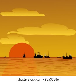 Graphic Illustration of a sunset with ships in silhouette at the ocean horizon on a warm golden summer afternoon.