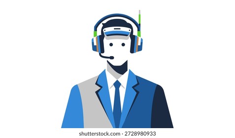 Ilustração gráfica de um agente de suporte, sem rosto, usando um fone de ouvido e terno