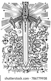 Graphic illustration with sword and mysterious symbols. Fantasy and secret societies emblems, occult and spiritual mystic drawings. Tattoo design, new world order
