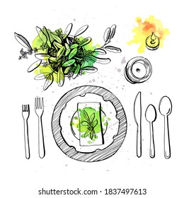 Graphic illustration of Table setting. Vector illustration. Manual graphics. Watercolor background.