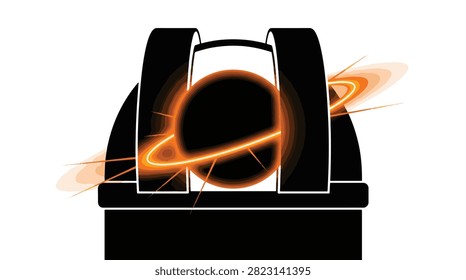 Graphic illustration of a telescope dome observing a ringed planet in space