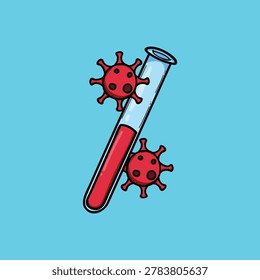 Graphic illustration of a test tube containing blood with stylized virus particles, symbolizing testing, laboratory diagnostics, infection research, pandemic awareness, medical samples and healthcare science.