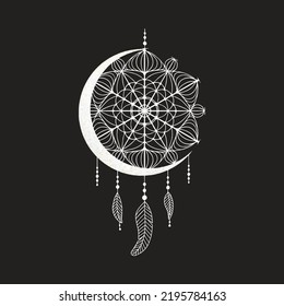Graphic illustration, Textural art of a dream catcher on the moon, Drawings of stars for clothes. Vector illustration