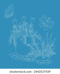 Graphic illustration. There is a bucket with flowers and two butterflies on a blue background.