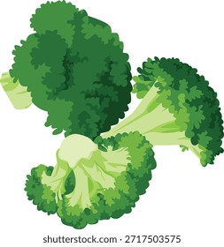 Ilustração gráfica de três floretes de brócolis com tons verdes contra um fundo branco limpo.