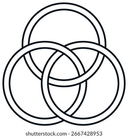 A graphic illustration of three interlocking circular bands. The black outlines create a woven, inseparable pattern, forming a symmetrical and geometric symbol.