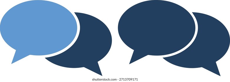 Ilustração gráfica de três bolhas de fala em diferentes tons de azul, organizadas horizontalmente, com a bolha azul mais clara à esquerda e a mais escura à direita, todas em um fundo branco puro