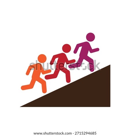 A graphic illustration of three stick figures in red, purple, and orange running up a black incline, isolated on white background