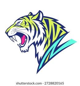 Graphic illustration of a tiger head with open mouth showing teeth