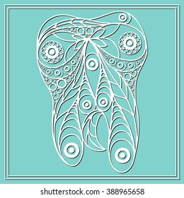 Graphic illustration of tooth in floral style. The symbol (emblem) of dentistry (stomatology). Suitable for invitation, flyer, sticker, poster, banner, card,label, cover, web. Vector illustration.
