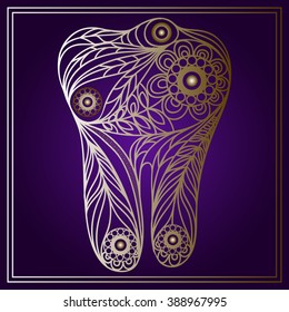Graphic illustration of tooth in floral style. The symbol (emblem) of dentistry (stomatology). Suitable for invitation, flyer, sticker, poster, banner, card,label, cover, web. Vector illustration.

