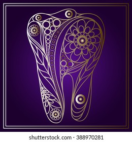 Graphic illustration of tooth in floral style. The symbol (emblem) of dentistry (stomatology). Suitable for invitation, flyer, sticker, poster, banner, card,label, cover, web. Vector illustration.