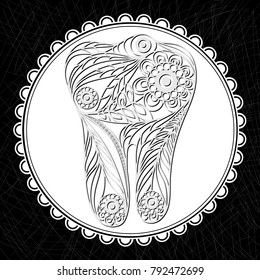 Graphic illustration of tooth in floral style. The symbol (emblem) of dentistry (stomatology). Suitable for invitation, flyer, sticker, poster, banner, card, label, cover, web. Vector illustration.