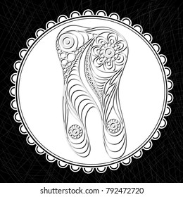 Graphic illustration of tooth in floral style. The symbol (emblem) of dentistry (stomatology). Suitable for invitation, flyer, sticker, poster, banner, card, label, cover, web. Vector illustration.