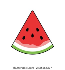 A graphic illustration of a triangular slice of red watermelon with black seeds and a green and white rind.
