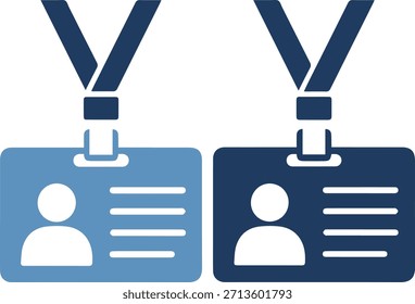 Una ilustración gráfica de dos insignias de Identificación azules con cordones, uno azul claro y uno azul oscuro, ambos con un ícono de persona y líneas Horizontales, aislados sobre fondo blanco
