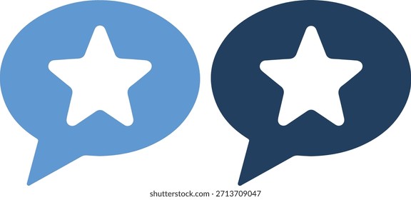 Una ilustración gráfica de dos burbujas de discurso azul con estrellas blancas en diferentes tonos de azul, sobre un fondo blanco puro, con un estilo de diseño simple y moderno
