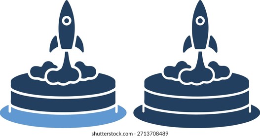 A graphic illustration of two cakes, one with a light blue plate and one on a dark blue plate, each topped with a rocket ship, depicted in a playful and whimsical style on a pure white background.