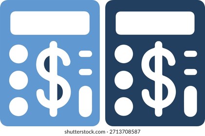 Uma ilustração gráfica de duas calculadoras lado a lado, uma azul clara e uma azul escura, cada uma apresentando um sinal de dólar branco na tela de exibição e vários botões