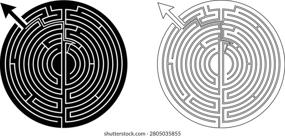 A graphic illustration of two circular mazes, one filled black and one outlined in white, featuring an arrow pointing inwards, presented as a distinctive silhouette.