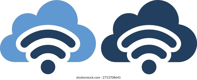 A graphic illustration of two cloud shapes in varying shades of blue with white WiFi symbols and a small circle underneath each symbol