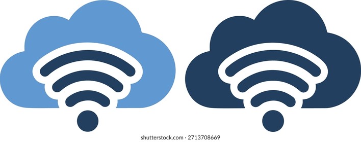 A graphic illustration of two cloud shapes in light blue and dark blue with white WiFi symbols and a small circle underneath each symbol, isolated on white background