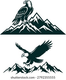 Graphic illustration of two eagle silhouettes set against mountain ranges, one perched and one in flight.