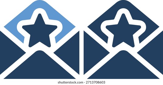 Una ilustración gráfica de dos sobres con símbolos de estrellas, uno sobre un fondo azul claro y el otro sobre un fondo azul oscuro, ambos delineados en blanco.