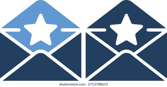 A graphic illustration of two envelopes with star symbols, one on a light blue background and the other on a dark blue background, both outlined in white and isolated on white background.