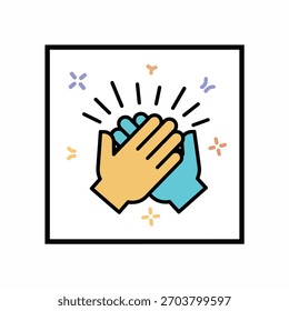 Uma ilustração gráfica de duas mãos batendo palmas juntas, simbolizando aplausos, celebração ou acordo. Pequenas faíscas e explosões estelares cercam as mãos, acrescentando uma sensação festiva e positiva.