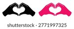 A graphic illustration of two hands forming a heart shape in both black and pink colors, presented side by side on a clean white background, ideal for love and Valentine