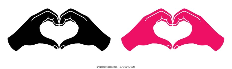 A graphic illustration of two hands forming a heart shape in both black and pink colors, presented side by side on a clean white background, ideal for love and Valentine's Day themes