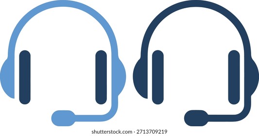 Ilustração gráfica de dois fones de ouvido em azul claro e escuro com microfone, em um fundo branco puro, representando a tecnologia de comunicação e áudio.