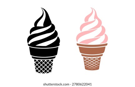 A graphic illustration of two ice cream cones with swirly soft serve, one in silhouette and the other in color.