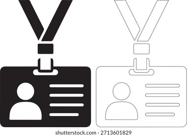 A graphic illustration of two ID badges with lanyards, one in solid black and white, the other in outline style, both featuring a person's silhouette and horizontal lines, on a clean white background