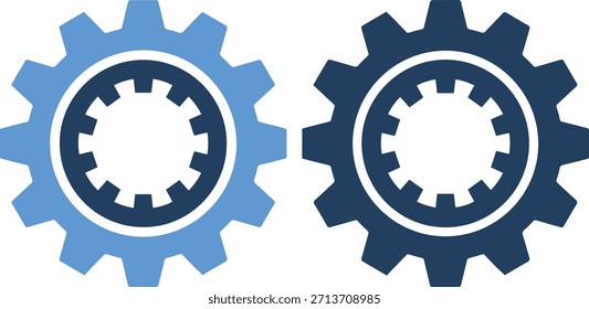 Una ilustración gráfica de dos iconos de engranajes entrelazados, uno azul claro y otro azul oscuro, con un centro circular con contorno blanco, aislado sobre fondo blanco con estilo mecánico e industrial