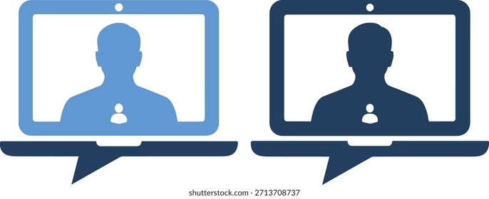 Ilustração gráfica de dois laptops lado a lado, cada um exibindo uma silhueta de uma pessoa na tela, um em azul claro e o outro em azul escuro, sobre um fundo branco puro
