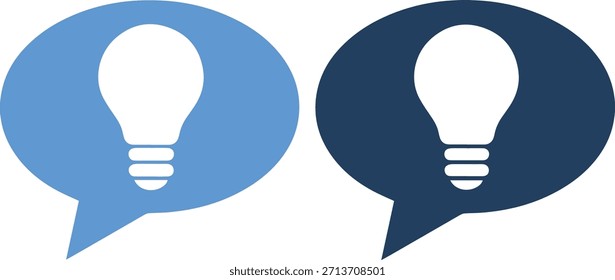 A graphic illustration of two light bulb icons, one light blue and one dark blue, presented inside speech bubbles on a pure white background with a modern and sleek style