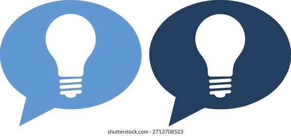 Una ilustración gráfica de dos bombillas, una en una burbuja de discurso azul claro y la otra en una burbuja de discurso azul oscuro, sobre un fondo blanco con un efecto de degradado azul