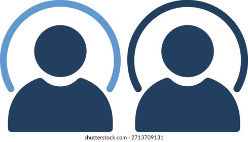 A graphic illustration of two navy blue person icons wearing headsets, depicted in a simple and minimalist style, with a white background