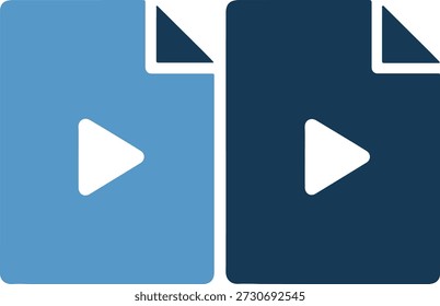 Uma ilustração gráfica de dois botões de reprodução em azul claro e azul escuro com triângulos brancos em um fundo branco puro