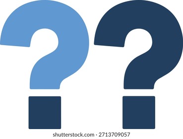Una ilustración gráfica de dos signos de interrogación en diferentes tonos de azul, uno azul claro y uno azul oscuro, sobre un fondo blanco puro.
