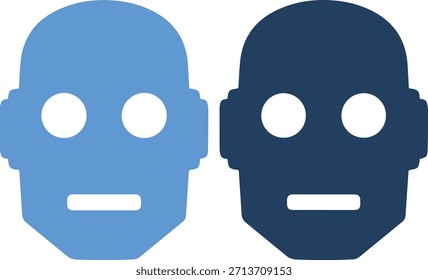 Una ilustración gráfica de dos rostros de robot en azul claro y azul oscuro, uno al lado del otro, con círculos blancos para los ojos y una línea blanca para la boca, aislados sobre fondo blanco