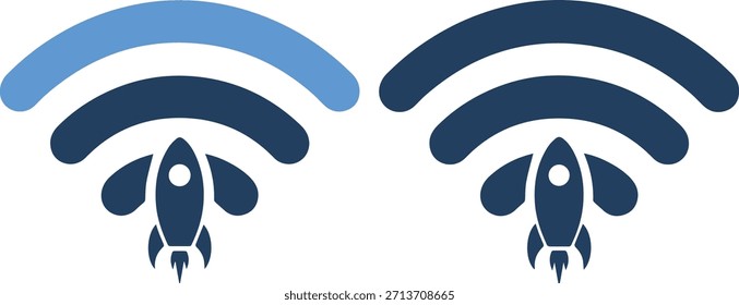 Eine grafische Illustration von zwei Raketenformen in dunkelblau mit weißen WiFi-Symbolen darüber in hellblau und dunkelblau, einzeln auf weißem Hintergrund