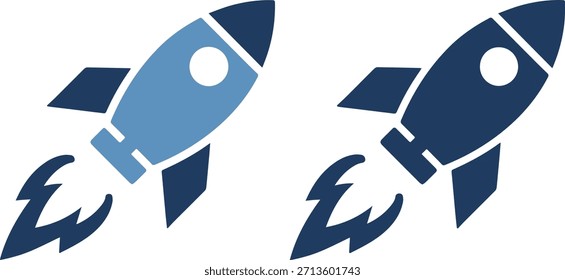 Eine grafische Illustration von zwei Raketenschiffen, eines in Marineblau und das andere in Hellblau, beide mit weißen Akzenten und mit Flammen abstrahlend, auf sauberem, weißem Hintergrund.