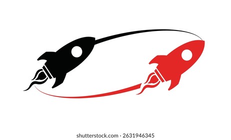 Ilustração gráfica de dois foguetes, um preto e um vermelho, conectados por trilhas curvas, sugerindo movimento e progresso.