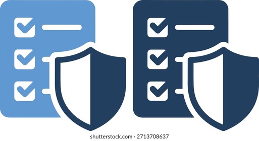 Una ilustración gráfica de dos escudos con listas de verificación en Portapapeles sobre un fondo blanco, que representan la protección y la verificación, con un esquema de color azul y azul oscuro y acentos blancos.