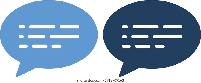 Una ilustración gráfica de dos burbujas de discurso, uno azul claro y otro azul oscuro, con líneas de texto blancas en el interior, sobre un fondo blanco puro, transmitiendo un concepto de conversación o diálogo.
